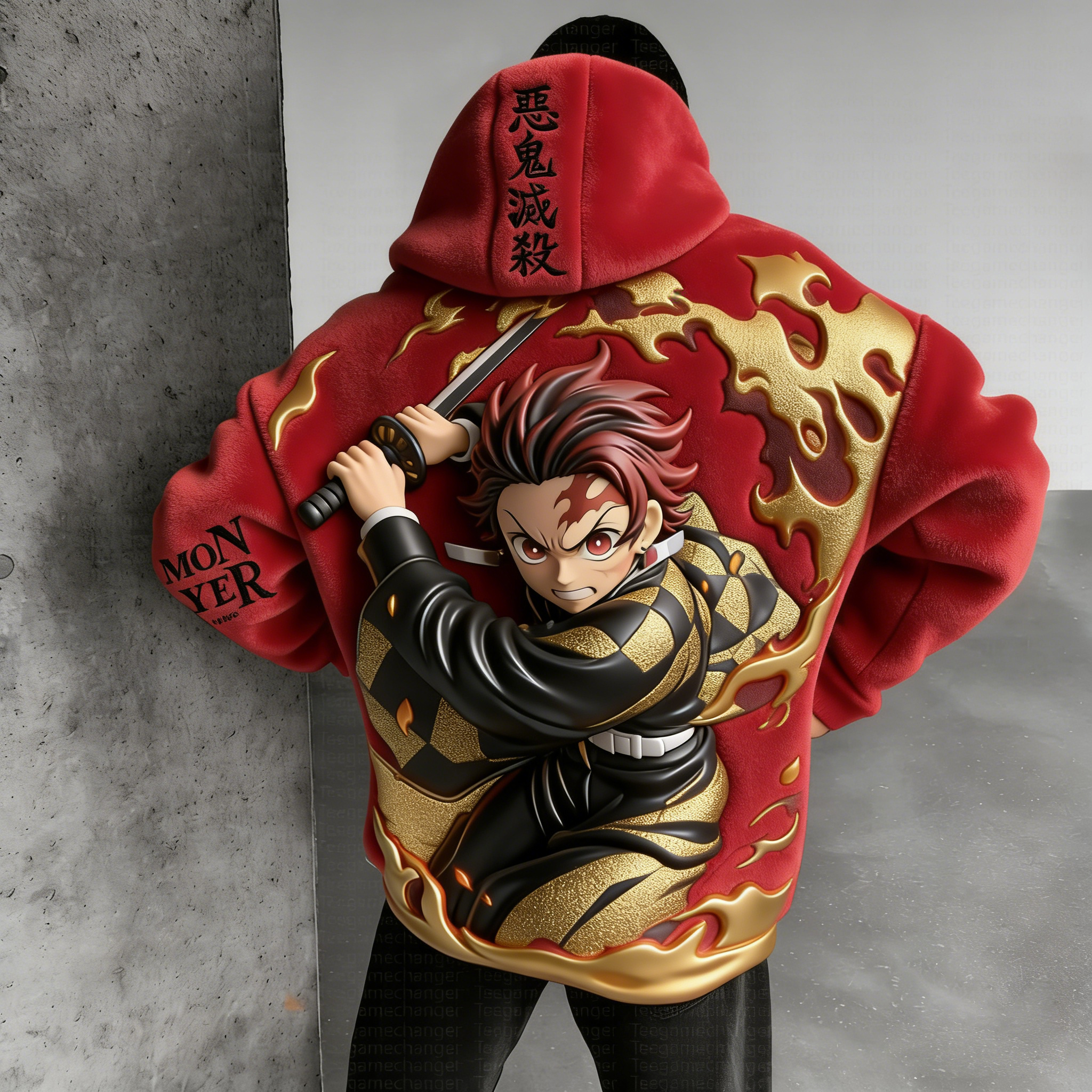 Men Demon Slayer: Kimetsu no Yaiba: Kamado Tanjiro Color-blocked Plush Hoodie