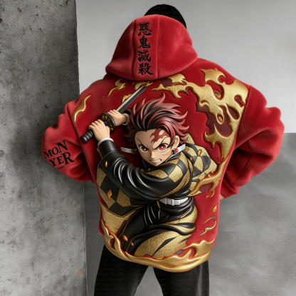 Men Demon Slayer: Kimetsu no Yaiba: Kamado Tanjiro Color-blocked Plush Hoodie