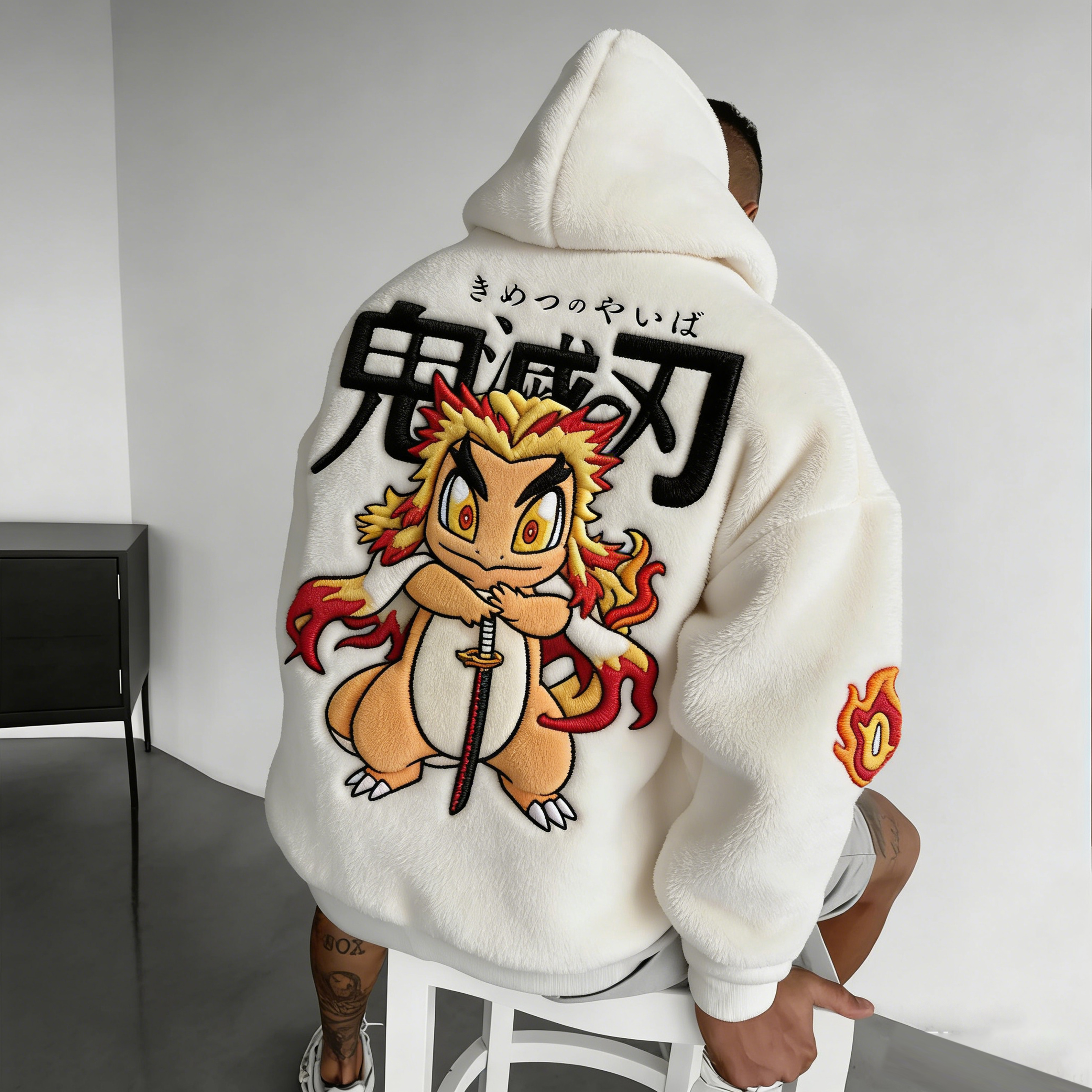 Demon Slayer&Pokémon Kyojuro Rengoku Color-blocked Plush Hoodie