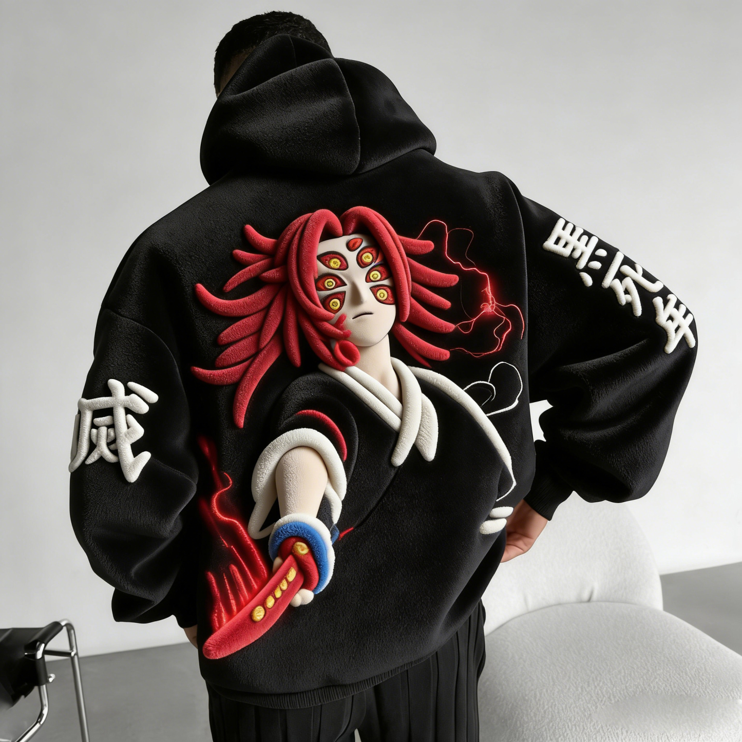 Men Demon Slayer:Kibutsuji Muzan Color-blocked Plush Hoodie
