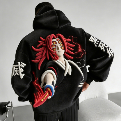 Men Demon Slayer:Kibutsuji Muzan Color-blocked Plush Hoodie