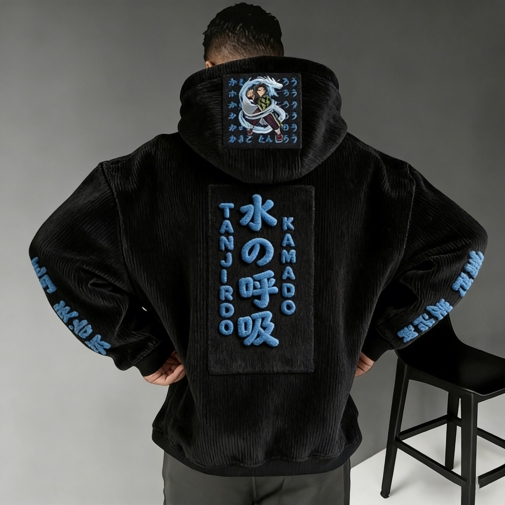 Demon Slayer Color-blocked Corduroy hooded sweatshirt