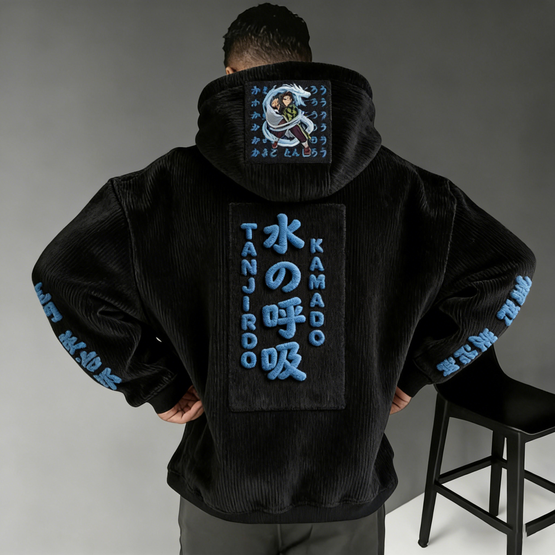 Demon Slayer Color-blocked Corduroy hooded sweatshirt