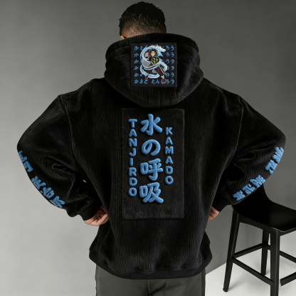 Demon Slayer Color-blocked Corduroy hooded sweatshirt