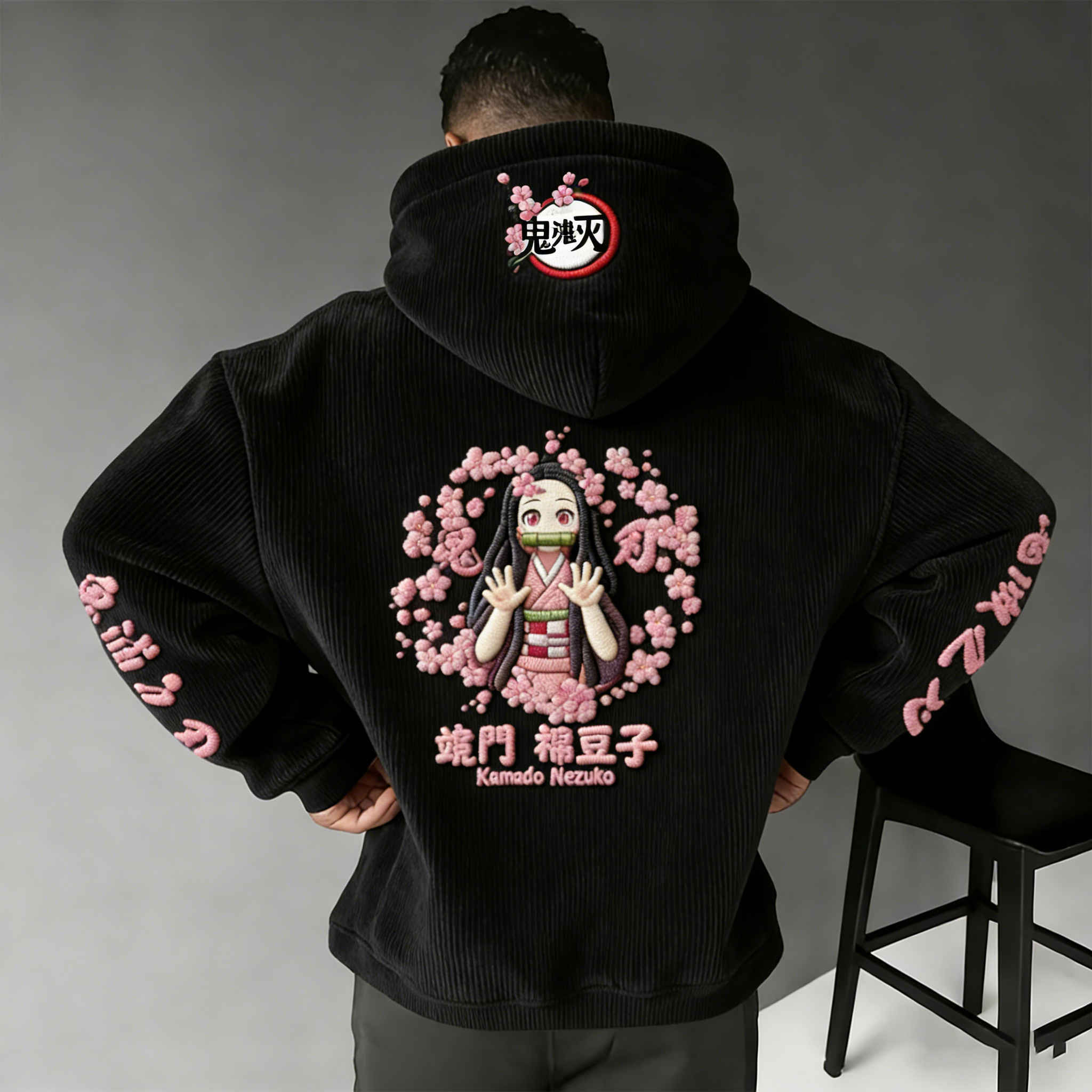 Demon Slayer Color-blocked Corduroy hooded sweatshirt