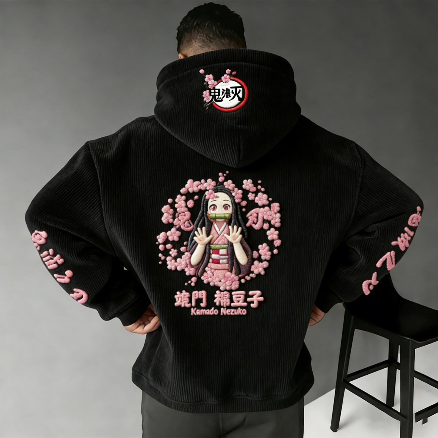 Demon Slayer Color-blocked Corduroy hooded sweatshirt