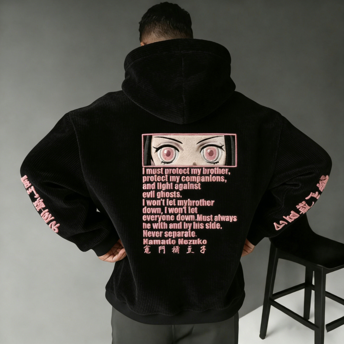 Demon Slaye Color-blocked Corduroy hooded sweatshirt
