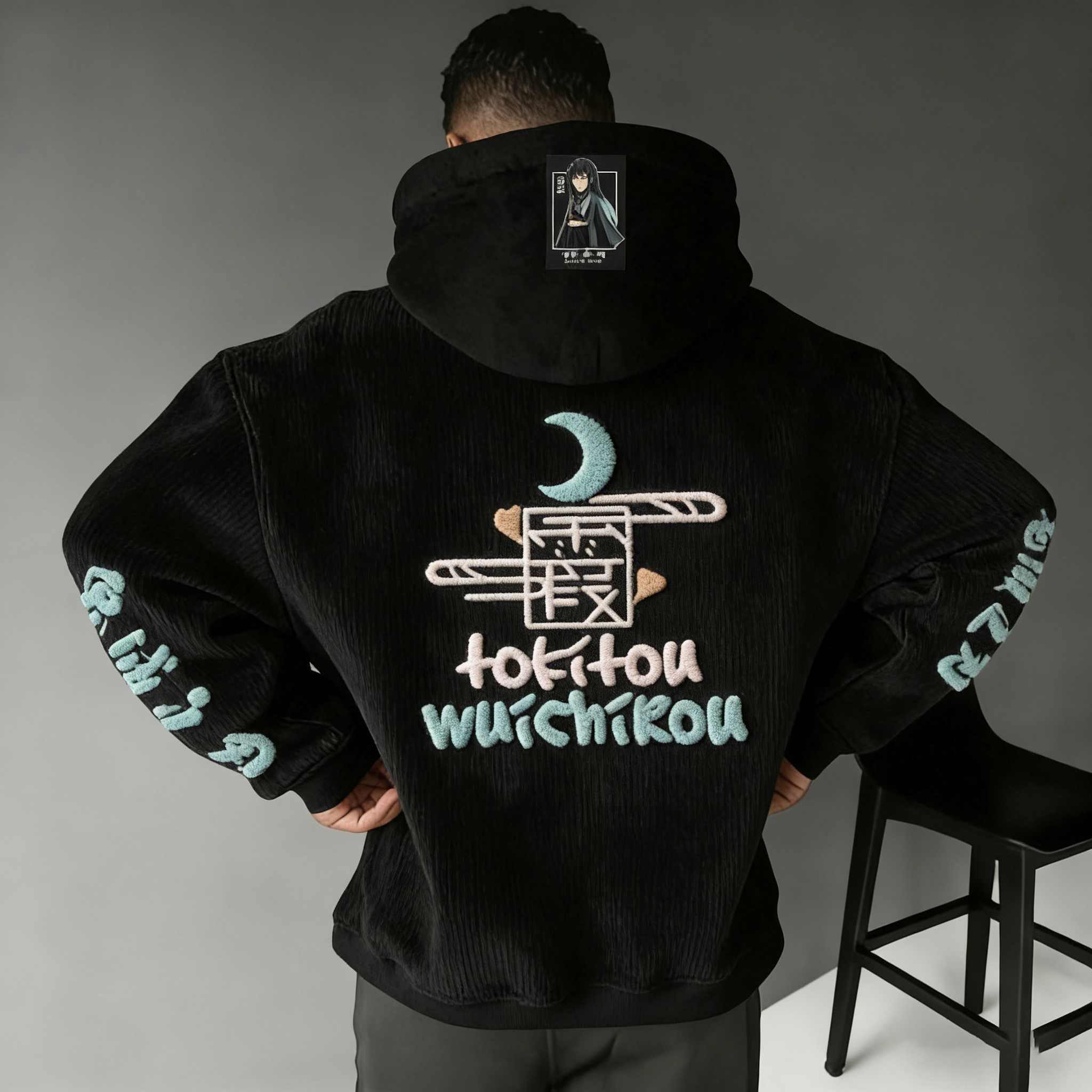 Demon slayer Color-blocked Corduroy hooded sweatshirt