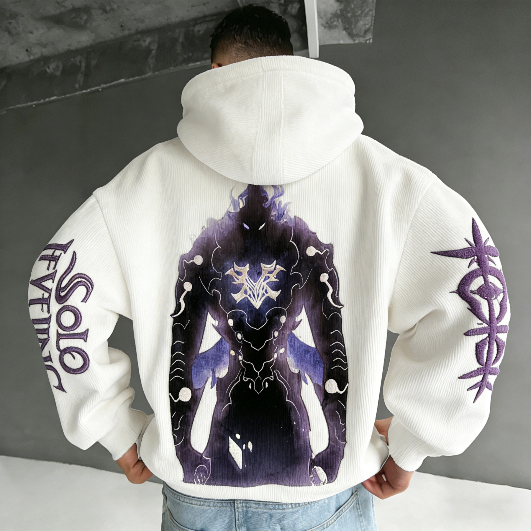 Solo Leveling Color-blocked Corduroy hooded sweatshirt