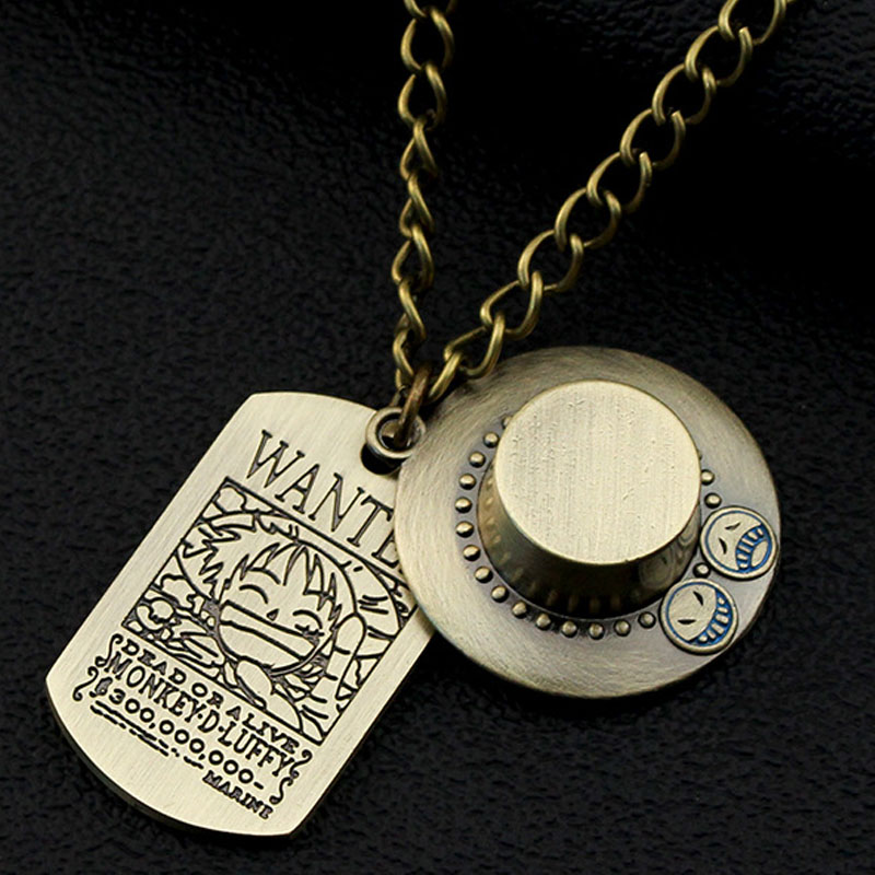One Piece Portgas D. Ace Necklace - Fire Fist Ace Wanted Poster & Cowboy Hat Double Pendant - Anime Cosplay Jewelry for Men