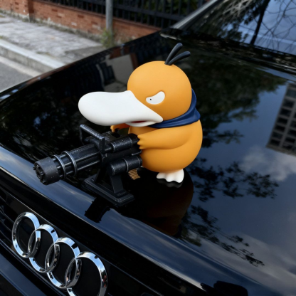 Car-mounted gangster Gatling gun Psyduck figurine, creative car interior/exterior/dashboard/roof/rear window decoration, funny car ornament/toy.