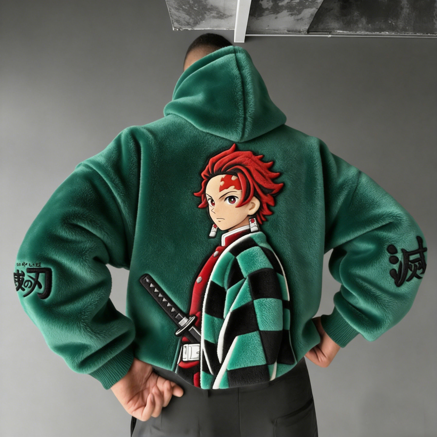 Men Demon Slayer Tanjiro Kamado Color-blocked Plush Hoodie