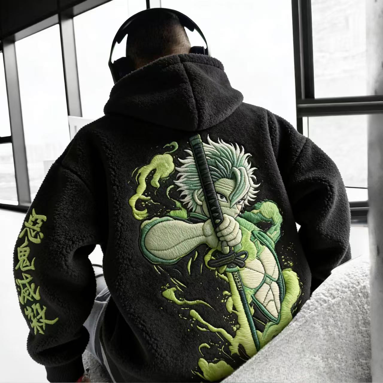 Unisex Demon Slayer Sanemi Shinazugawa Embroidery Sherpa Hoodie