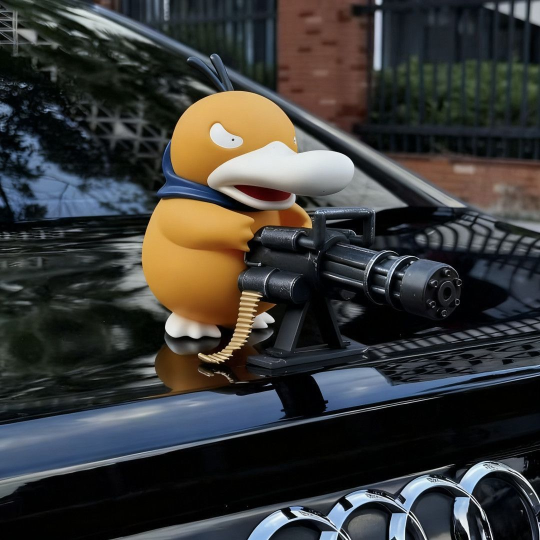 Car-mounted gangster Gatling gun Psyduck figurine, creative car interior/exterior/dashboard/roof/rear window decoration, funny car ornament/toy.