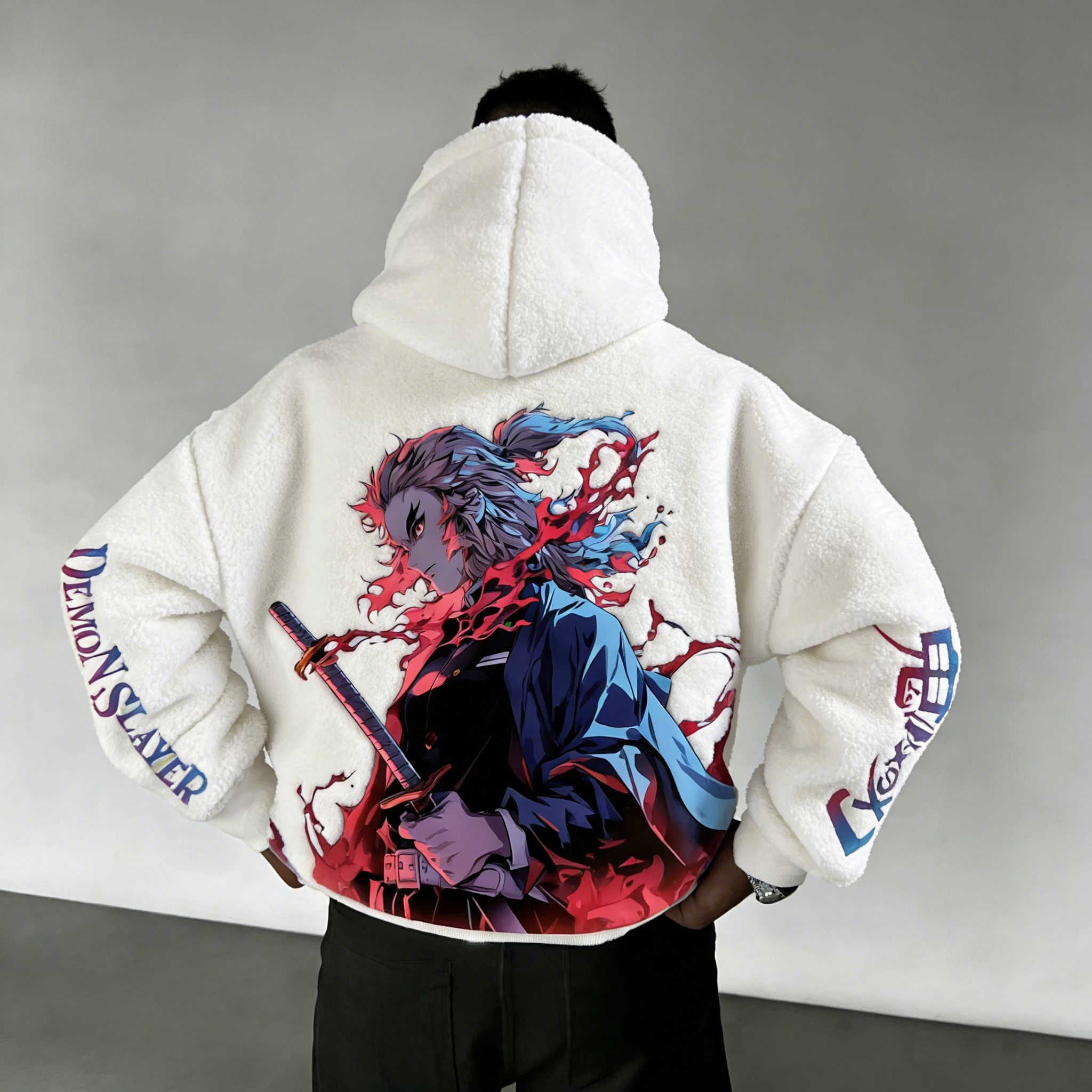 Men Demon Slayer Color-blocked Plush Hoodie