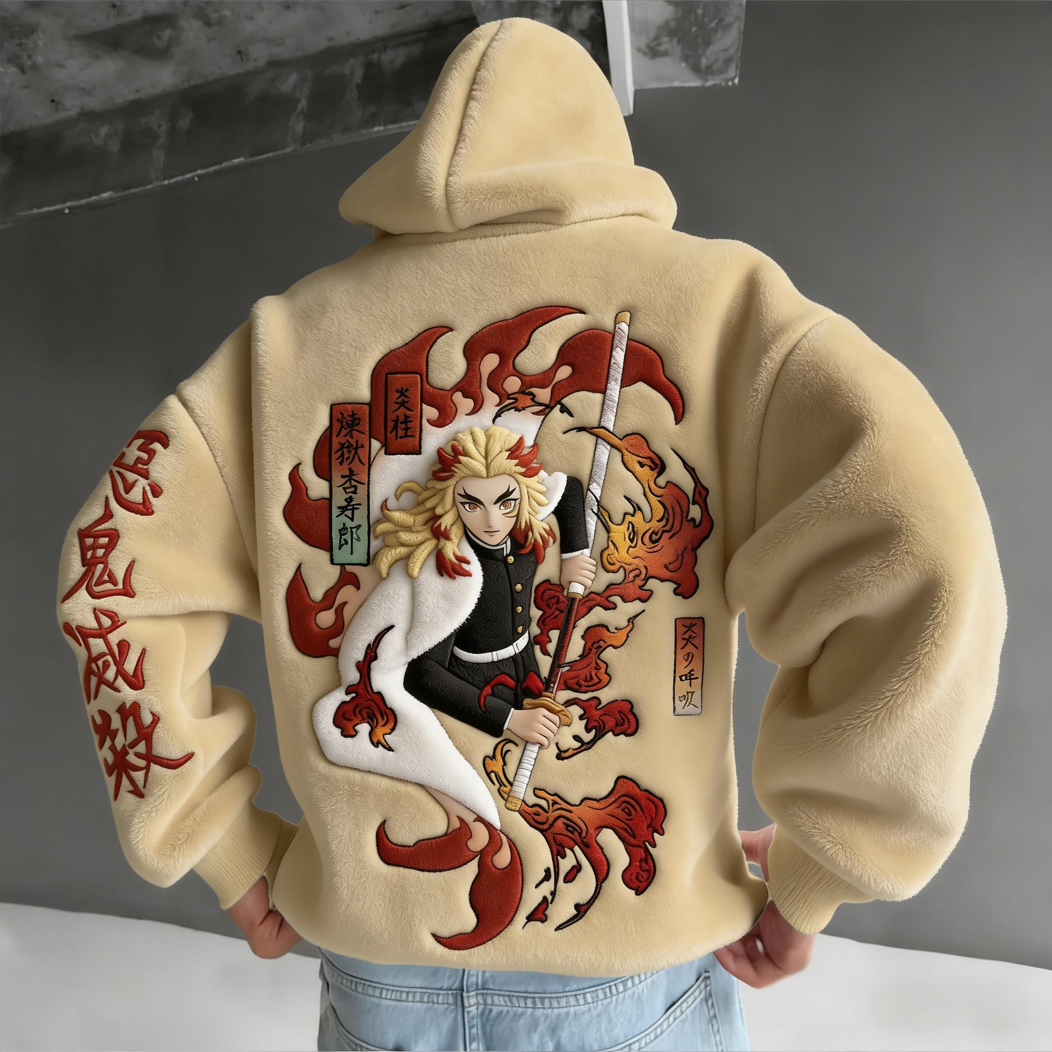 Men Demon Slayer Tanjiro Kamado Color-blocked Plush Hoodie