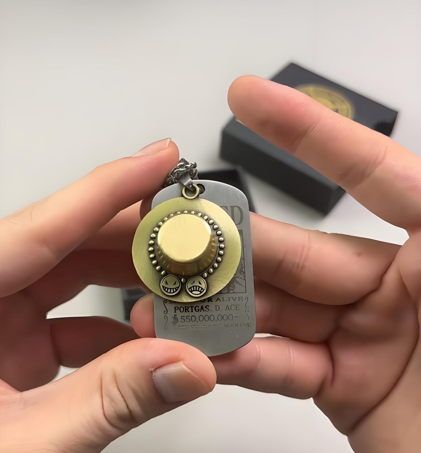 One Piece Portgas D. Ace Necklace - Fire Fist Ace Wanted Poster & Cowboy Hat Double Pendant - Anime Cosplay Jewelry for Men