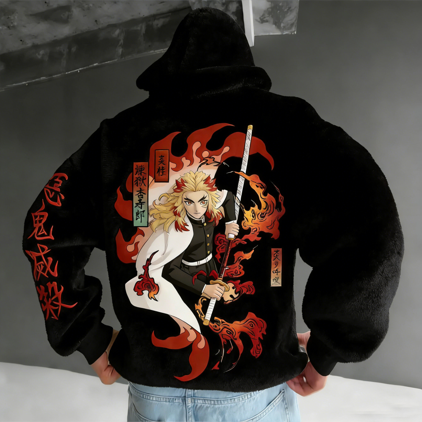 Men Demon Slayer Tanjiro Kamado Color-blocked Plush Hoodie