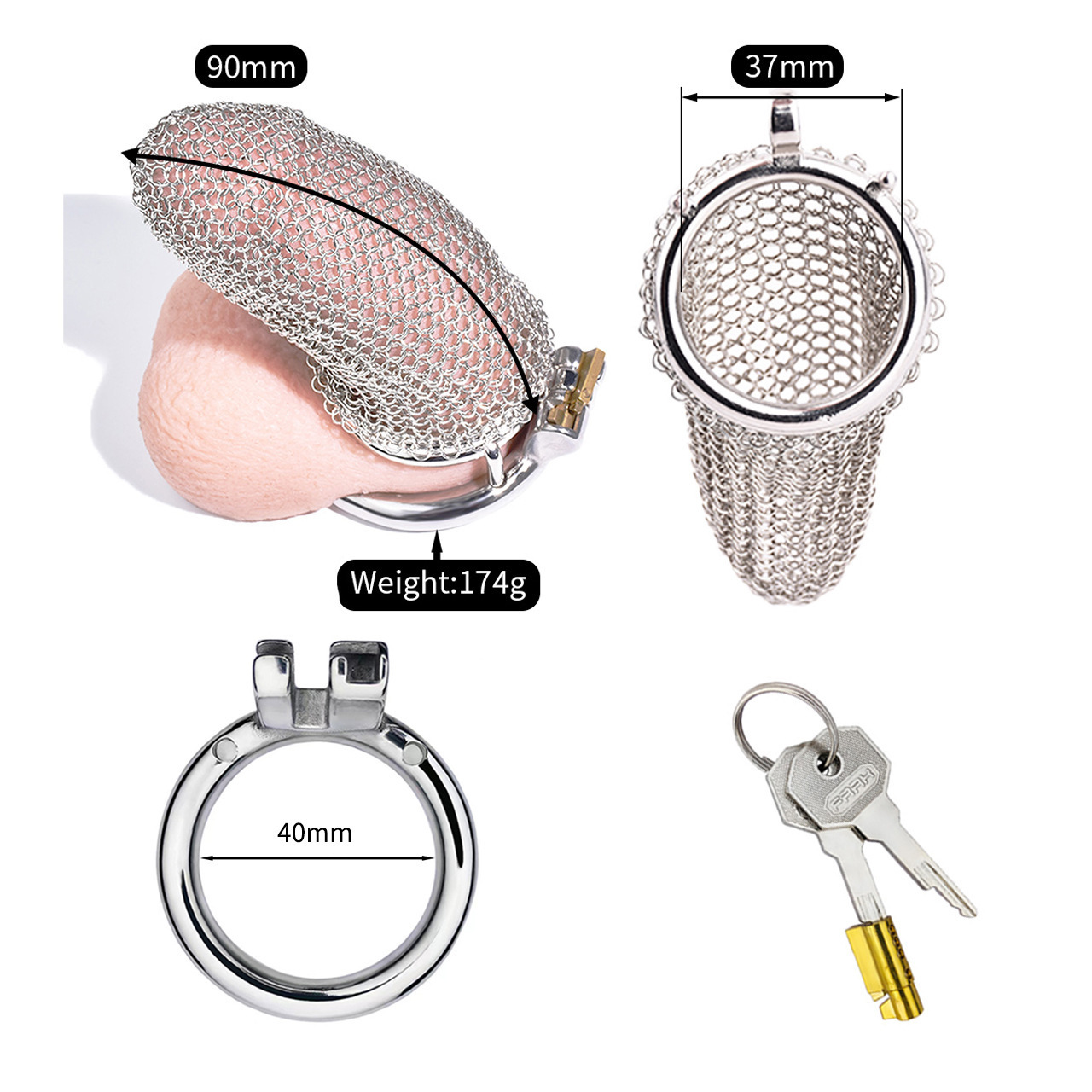 Lightweight Breathable Mesh Male Chastity Cage with One-Touch Closure and Adjustable Carabiner Lock