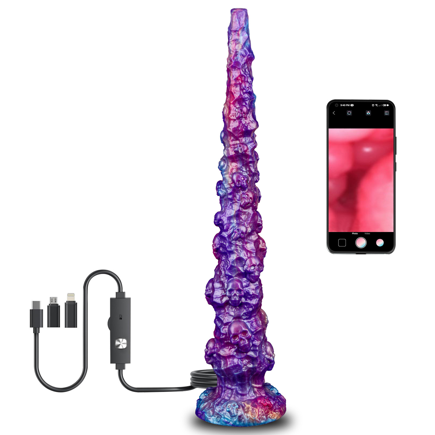 42.5cm Skull Tentacle Endoscope Dildo with HD Camera – USB-C UVC Monster Fantasy Suction Cup Dildo for Live View Exploration-ToyAura