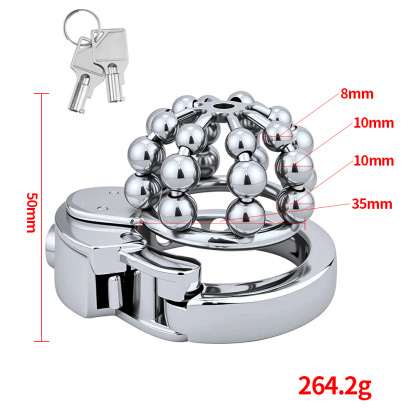 Stainless Steel Chastity Cage – Movable Bead Front, 32–50mm Adjustable Ring, Built-in Lock