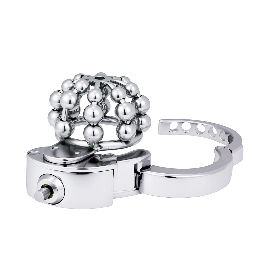 Stainless Steel Chastity Cage – Movable Bead Front, 32–50mm Adjustable Ring, Built-in Lock