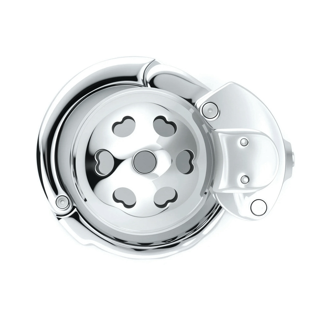 Metal Cock Chastity Cage with Invisible Button Lock – 6-Size Adjustable, Ventilated Flat-Style Chastity Device for Men-ToyAura