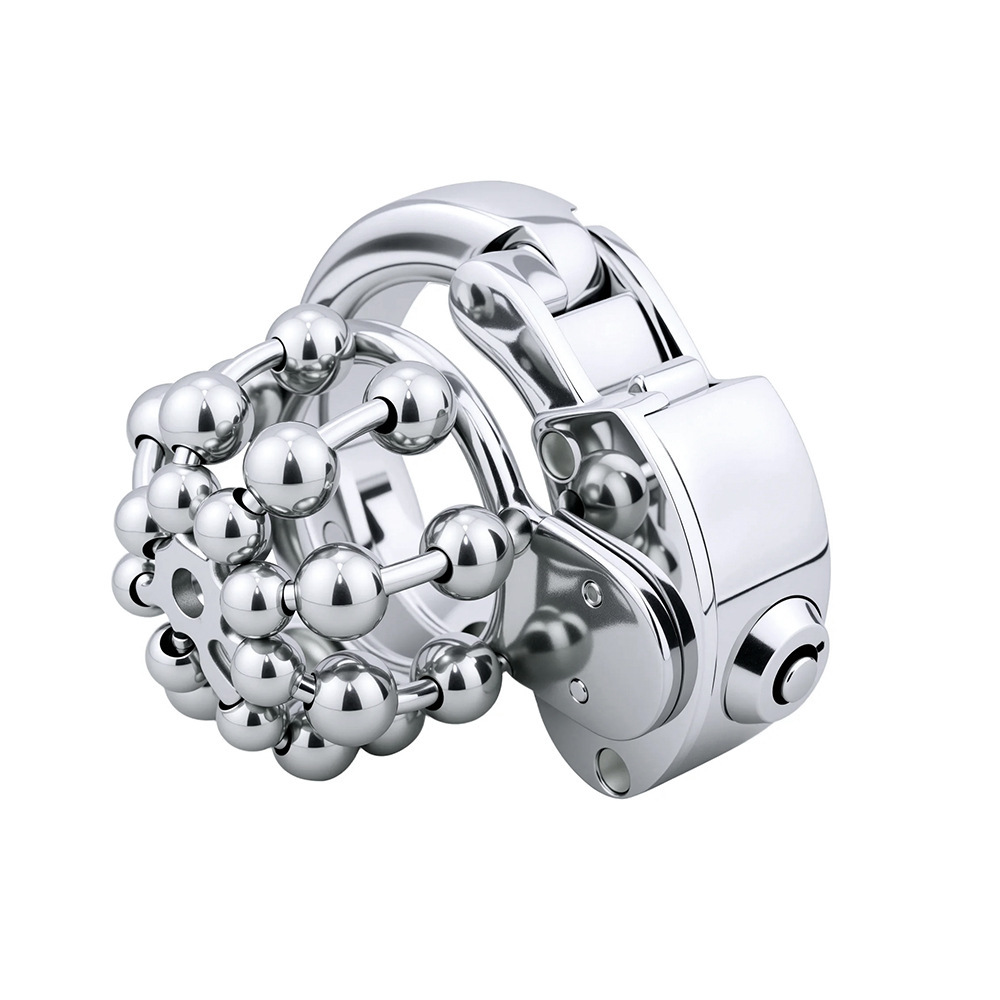 Stainless Steel Chastity Cage – Movable Bead Front, 32–50mm Adjustable Ring, Built-in Lock