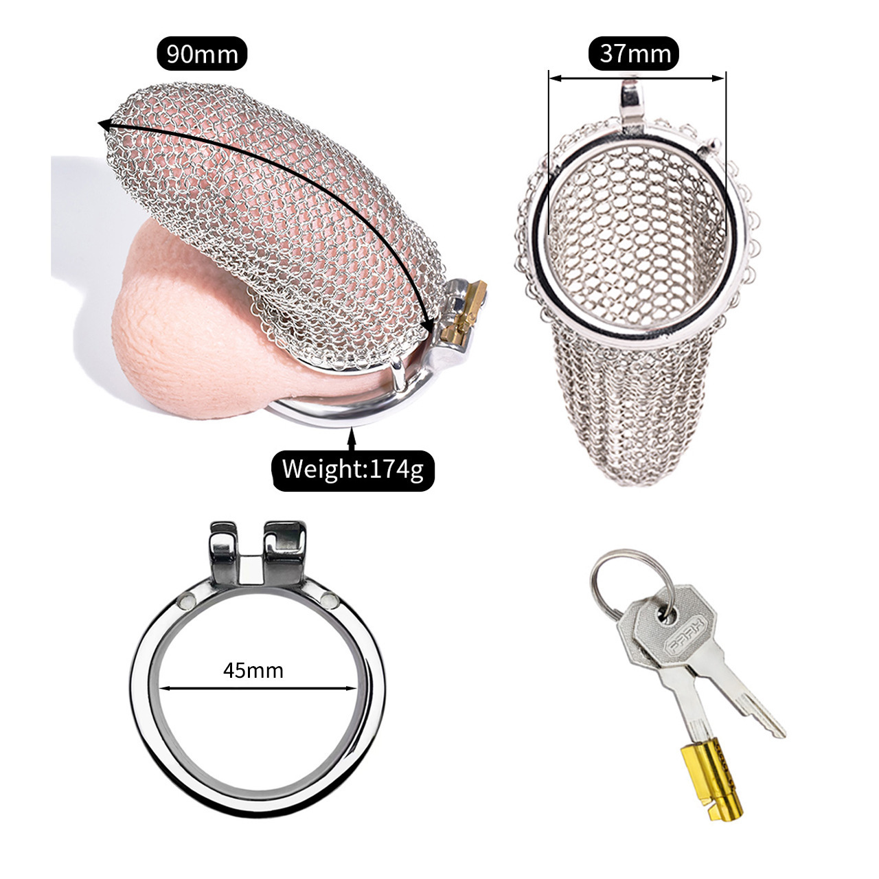 Lightweight Breathable Mesh Male Chastity Cage with One-Touch Closure and Adjustable Carabiner Lock