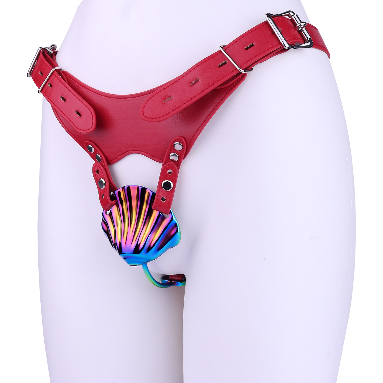 Iridescent Shell Belted Chastity Lock – Adjustable Strap, Unique Rainbow Finish & Secure Fit