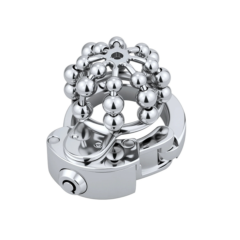 Stainless Steel Chastity Cage – Movable Bead Front, 32–50mm Adjustable Ring, Built-in Lock