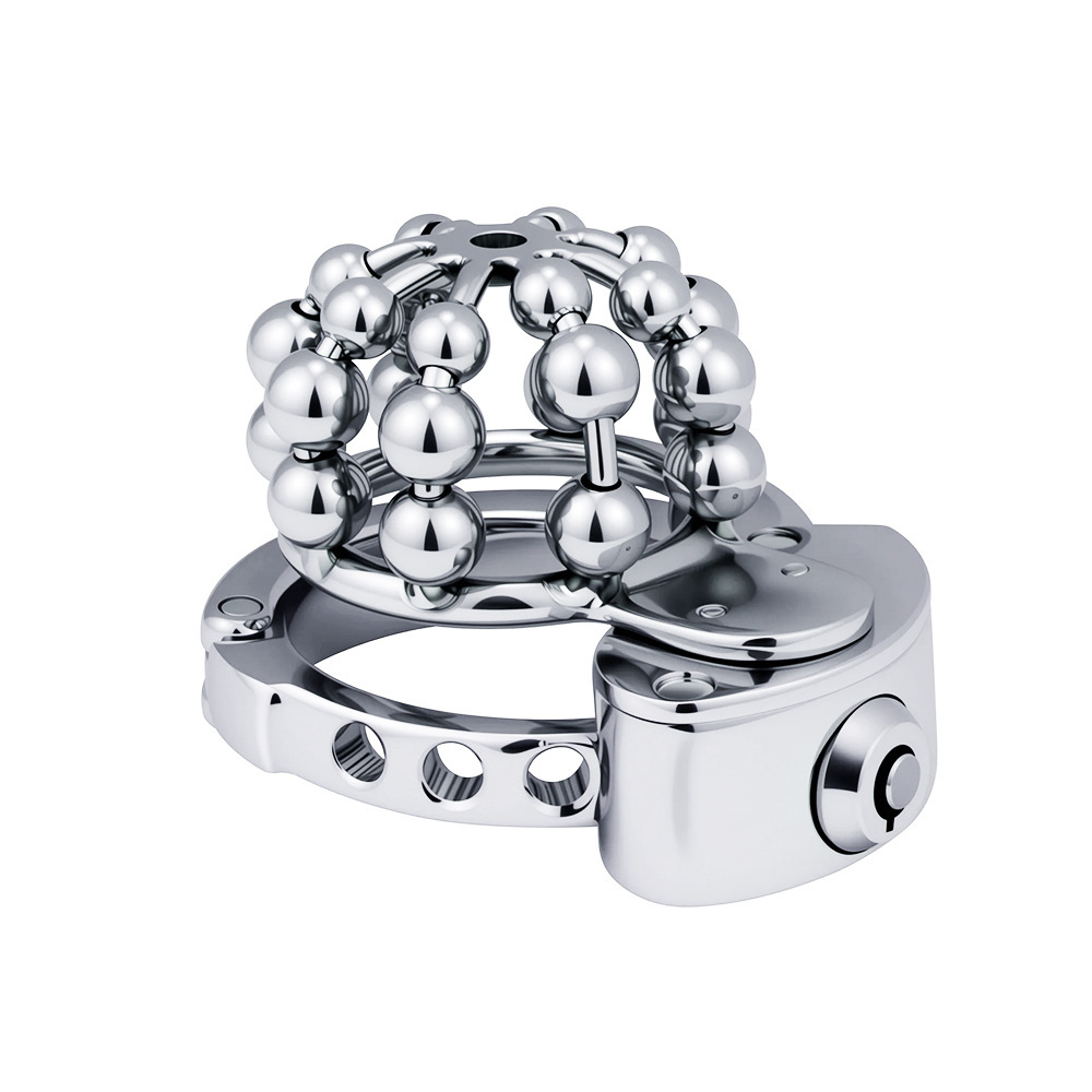Stainless Steel Chastity Cage – Movable Bead Front, 32–50mm Adjustable Ring, Built-in Lock