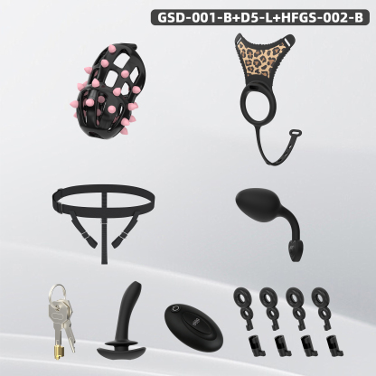 Spiked Chastity Cage Harness Set with Remote Vibrating Anal Plug