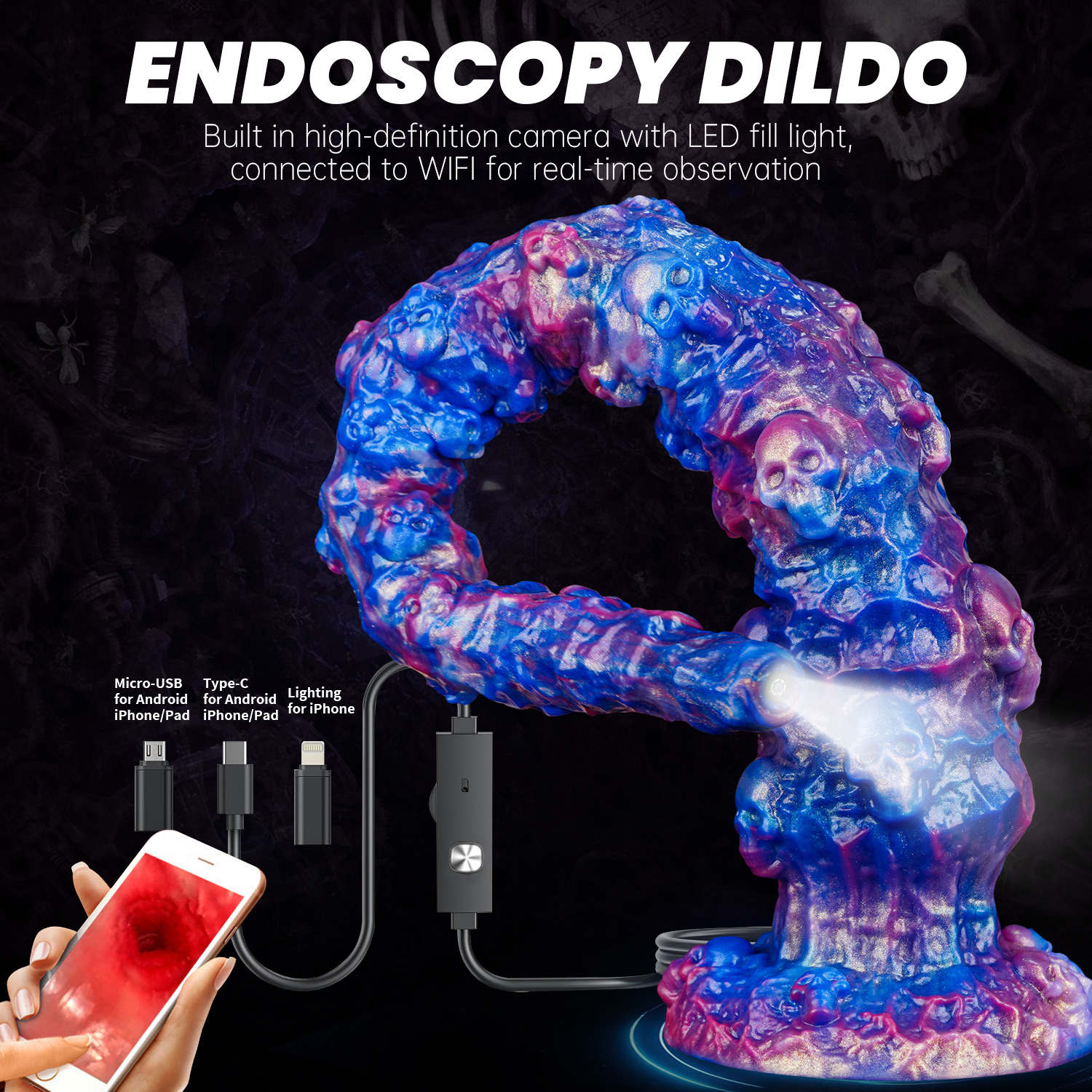 42.5cm Skull Tentacle Endoscope Dildo with HD Camera – USB-C UVC Monster Fantasy Suction Cup Dildo for Live View Exploration