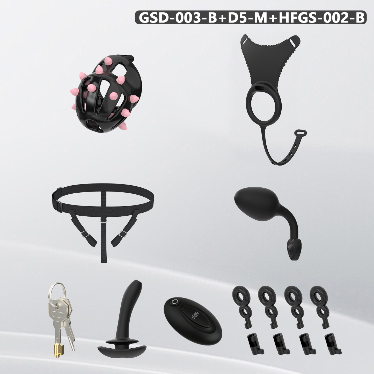 Spiked Chastity Cage Harness Set with Remote Vibrating Anal Plug