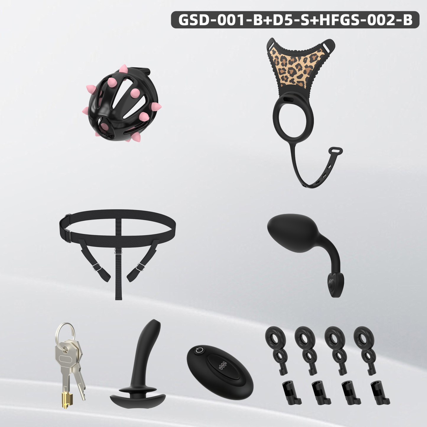 Spiked Chastity Cage Harness Set with Remote Vibrating Anal Plug
