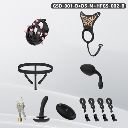 Spiked Chastity Cage Harness Set with Remote Vibrating Anal Plug