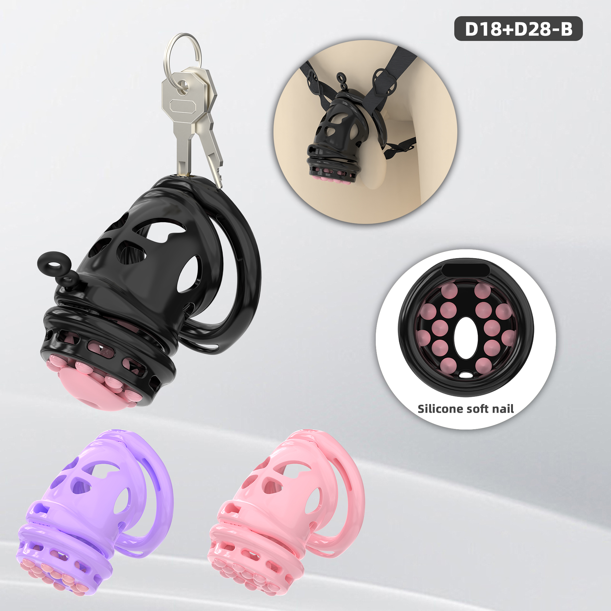 Double Layer Resin Chastity Cage Set for Men – Adjustable Hard Resin Cage with Soft Silicone Spike Bead Ring, S/M Sizes, Pink Purple Black Options