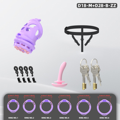 Double Layer Resin Chastity Cage Set for Men – Adjustable Hard Resin Cage with Soft Silicone Spike Bead Ring, S/M Sizes, Pink Purple Black Options