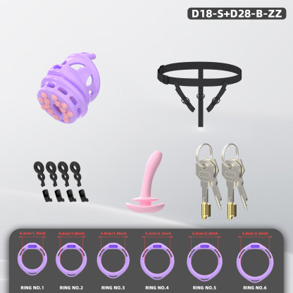 Double Layer Resin Chastity Cage Set for Men – Adjustable Hard Resin Cage with Soft Silicone Spike Bead Ring, S/M Sizes, Pink Purple Black Options