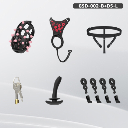 Spiked Chastity Cage Harness Set with Remote Vibrating Anal Plug
