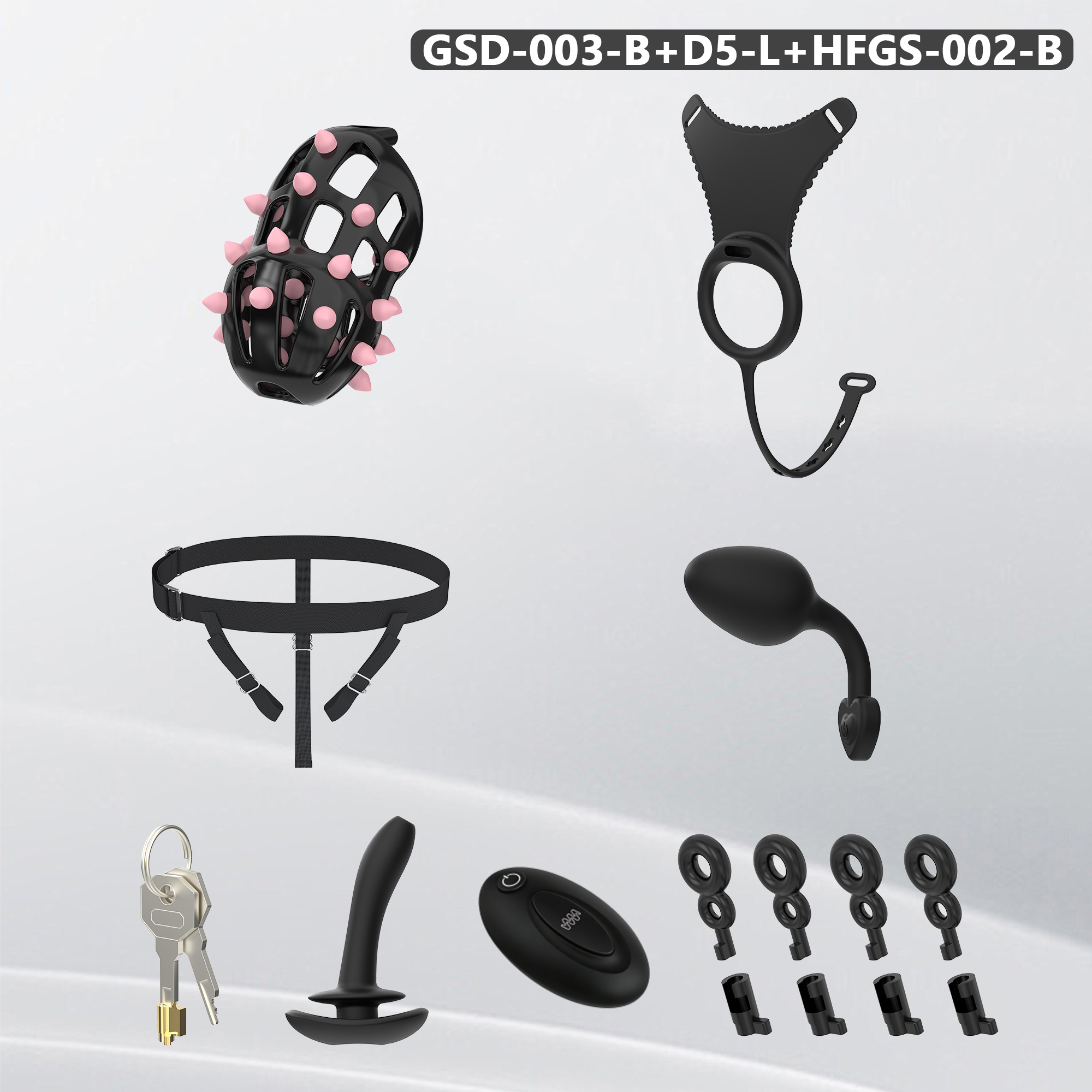Spiked Chastity Cage Harness Set with Remote Vibrating Anal Plug