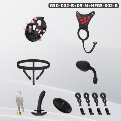 Spiked Chastity Cage Harness Set with Remote Vibrating Anal Plug
