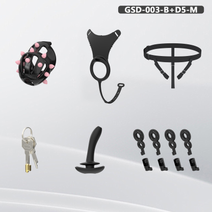 Spiked Chastity Cage Harness Set with Remote Vibrating Anal Plug