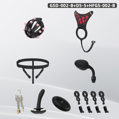 Spiked Chastity Cage Harness Set with Remote Vibrating Anal Plug