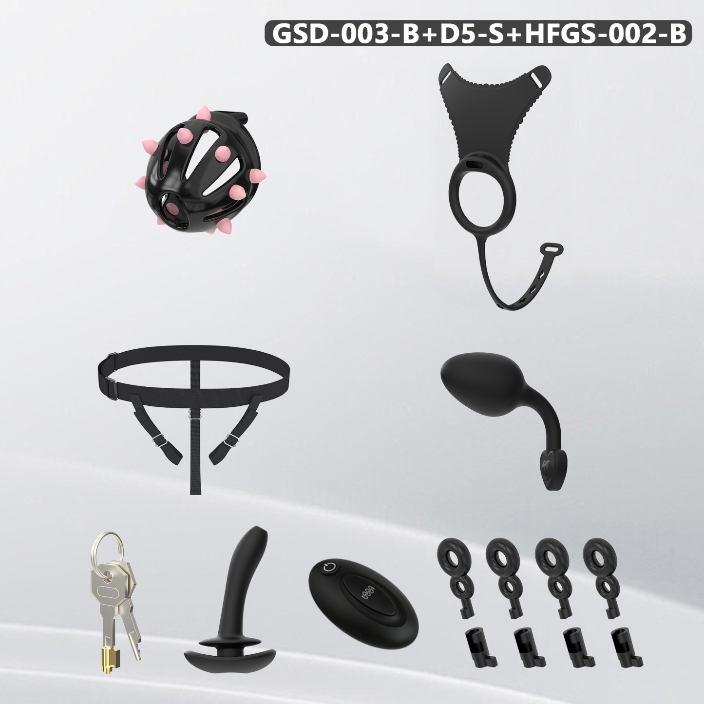 Spiked Chastity Cage Harness Set with Remote Vibrating Anal Plug