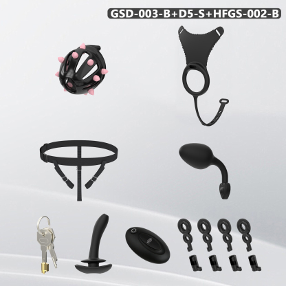 Spiked Chastity Cage Harness Set with Remote Vibrating Anal Plug