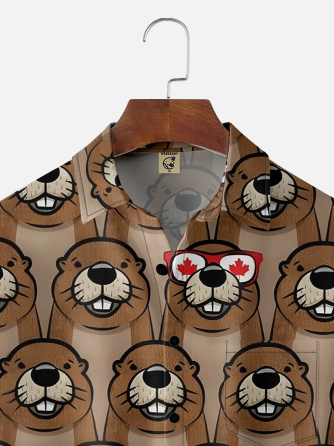 Tall Size Moisture-wicking Canada Day American Beaver Maple Leaf Chest Pocket Hawaiian Shirt