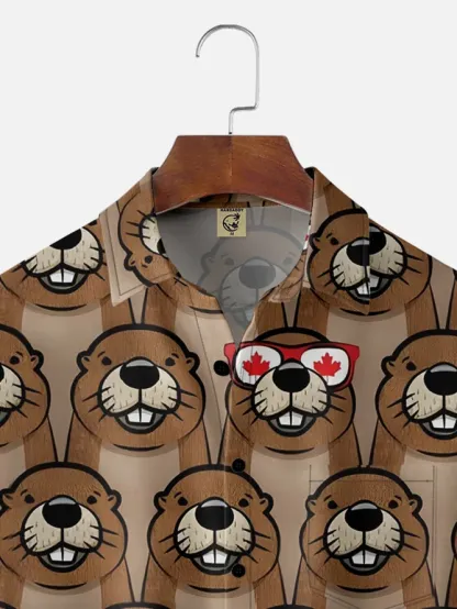 Tall Size Moisture-wicking Canada Day American Beaver Maple Leaf Chest Pocket Hawaiian Shirt