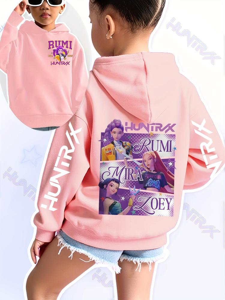 Girls Kpop Demon Hunters Series Rumi Character Hoodie, Casual Fit Sportswear for Kids, Autumn Winter Stretch Fabric, Christmas Gift